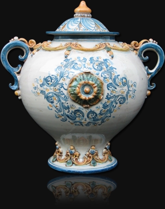 Caltagirone - Vaso potiche  maiol. coper. - celeste-beige